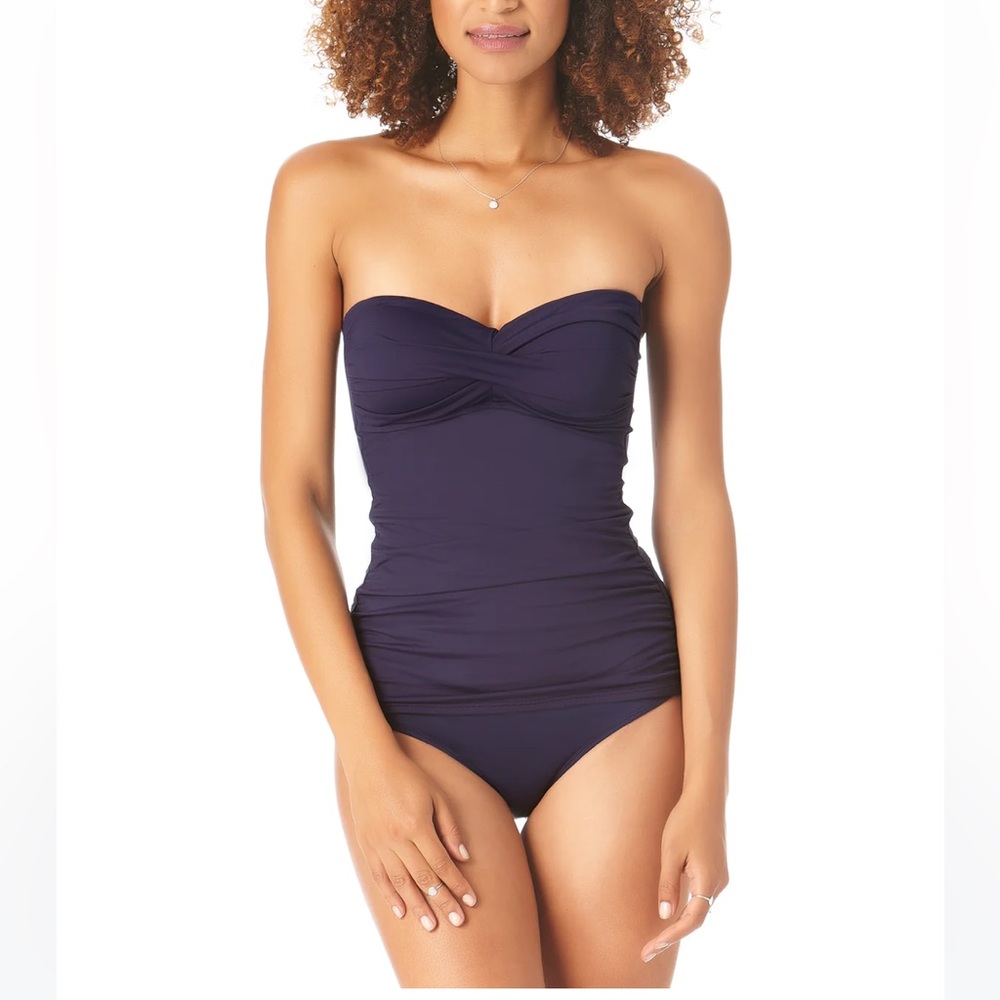 Anne Cole Navy Twist Top Tankini with high waisted bottoms, size medium